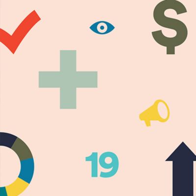 Compliation of the icons used in our "from the inside out" diversity pledge; a checkmark, eye, plus sign, 19, loud speaker, arrow raising, dollar sign, outlined circle with different colors