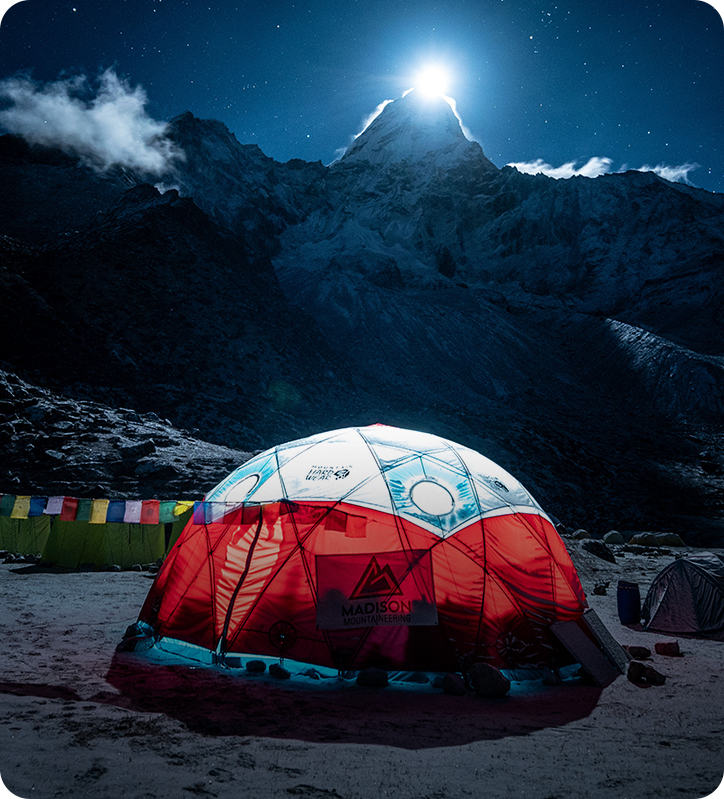 View of the Stronghold Dome set up at Everest Base Camp during a Garrett Madison Expedition.
