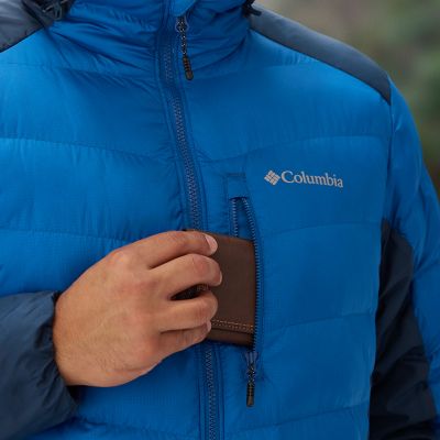 Model putting a wallet in the zippered chest pocket