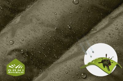 Close up of fabric with the Omni Shield logo in the bottom left and a graphic showing how moisture rises to the fabric's surface
