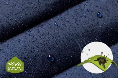 Close up of fabric with the Omni Shield logo in the bottom left and a graphic showing how moisture rises to the fabric's surface