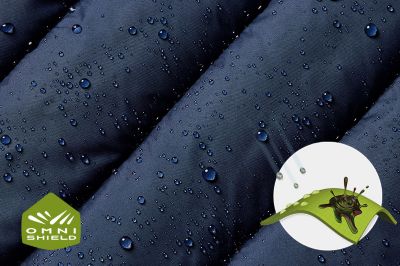 Close up of fabric with the Omni Shield logo in the bottom left and a graphic showing how moisture rises to the fabric's surface