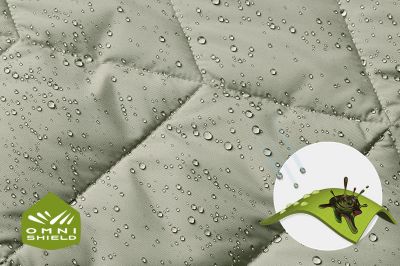 Close up of fabric with the Omni Shield logo in the bottom left and a graphic showing how moisture beads on the fabric's surface.