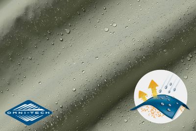 A close-up of water droplets beading on fabric with a diagram showing how Omni-Tech blocks out rainy, wet weather.
