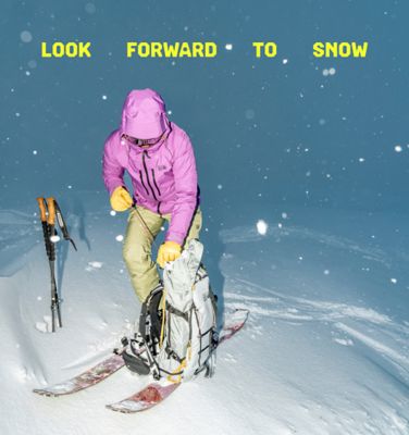 LOOK FORWARD TO SNOW headline overlaid on an image of a skier in whiteout conditions.