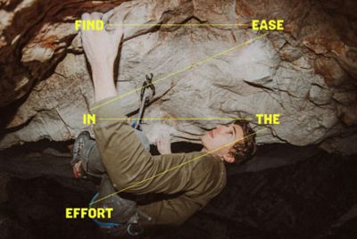 FIND EASE IN THE EFFORT graphic overlaid on an image of MHW Athlete Jesse Grupper climbing at night.