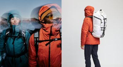 Two images side by side: the first hiking in the mountains and the next, a close up of a men's trail kit.