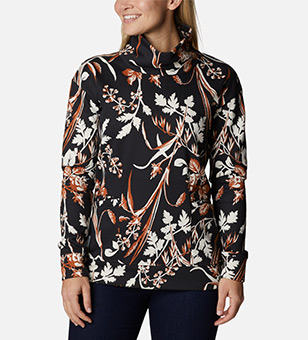 A woman in s floral printed fleece.