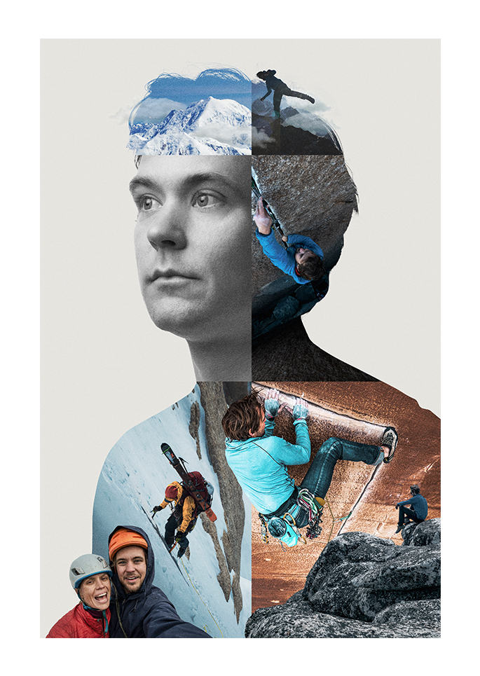 Poster portrait of Ted Hesser with different images collaged together- him climbing and skiing in various shots.