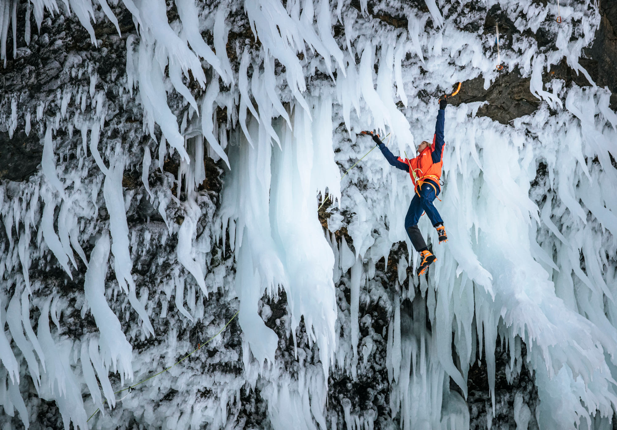 Tim Emmett ice climbing at Helmcken Falls in British Columbia, Canada.