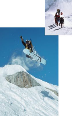 New Wave snowboarding with archive mountaineering shot overlaid on top.