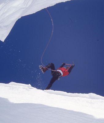 From the archives - jumping over a gap while mountaineering.