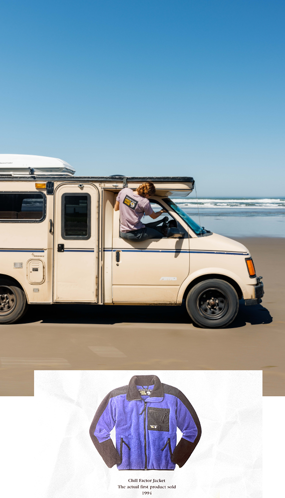 Car camping on the beach, a camper climbs into a camper van. Image of the Chill Factor Jacket, The actual first product sold, 1994, collaged on top.
