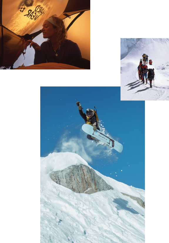 From the archives: sitting in a MHW tent at basecamp, and trekking up to Everest, along with a more recent image of someone snowboarding.