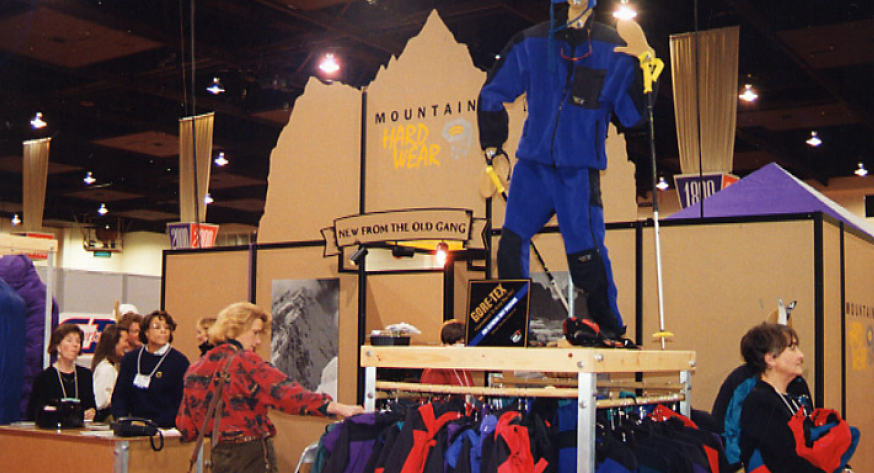 Our nine founders - five women and four men - left Sierra Designs (moreso its holding company, Odyssey International Inc.) as a group in the summer of 1993. On Halloween of that year, they founded Mountain Hardwear. After working around the clock for not more than five months, Mountain Hardwear showed up to our first Outdoor Retailer Trade Show with a full-blown line of technical product and a makeshift catalog with vector drawings. In years following, the booth slogan, “New From The Old Gang,” meant that they had stuck together and created fresh product they were proud of. Our first CFO, Christina Clark, is second from left in the black sweater. Our first Head of Design, the late Ingrid Harshbarger, is seen on the right. Image: MHW Archives.