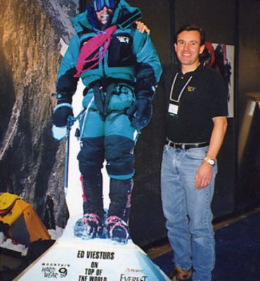 Celebrating his Top Of The World Mt. Everest achievement back at normal elevations. As Ed says, “Climbing has to be a round trip. Summiting is optional, but descending is mandatory.” He has summited Everest seven times. Image: MHW Archives.