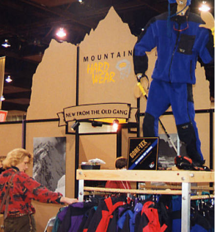 Our nine founders - five women and four men - left Sierra Designs (moreso its holding company, Odyssey International Inc.) as a group in the summer of 1993. On Halloween of that year, they founded Mountain Hardwear. After working around the clock for not more than five months, Mountain Hardwear showed up to our first Outdoor Retailer Trade Show with a full-blown line of technical product and a makeshift catalog with vector drawings. In years following, the booth slogan, “New From The Old Gang,” meant that they had stuck together and created fresh product they were proud of. Our first CFO, Christina Clark, is second from left in the black sweater. Our first Head of Design, the late Ingrid Harshbarger, is seen on the right. Image: MHW Archives.