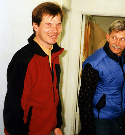 Our design team focuses on what works for the mountain, and what looks good everywhere. Two original employees sporting mountain vibes in the office: Ken Laak on the left, a long-time Warranty Manager, and Paul Kramer, one of our founders and the original VP of Product. Image Credit: MHW Archives.