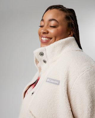 Outfit 1: close up of nubby sherpa fleece jacket.