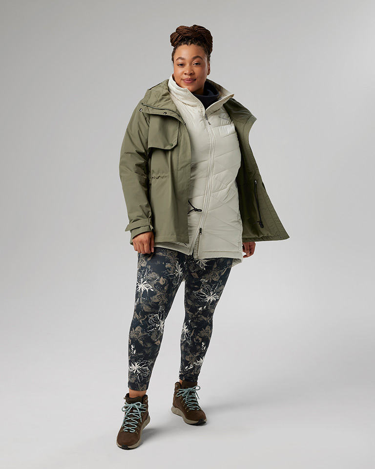 Outfit 2: Army green parka jacket, blue and white floral tights, green hiking boots.