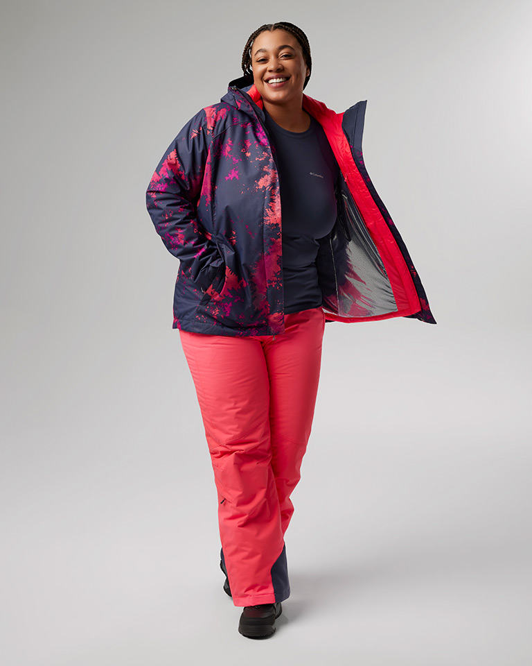 Outfit 2: High-contrast patterned Interchange jacket with puffer, coral snow pants.