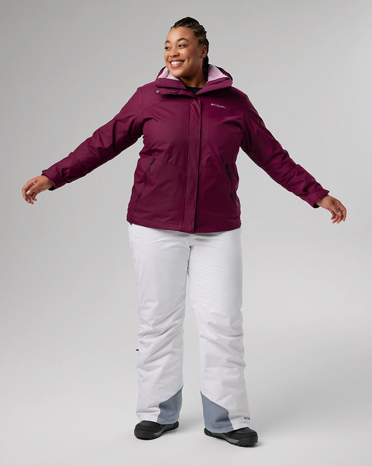 Outfit 4: berry Interchange jacket with a pink fleece liner, white snow pants.