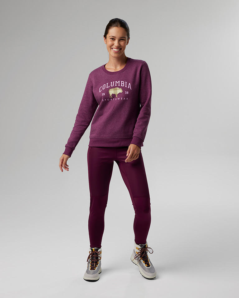 Outfit 9: head to two wine-colored sweatshirt and tights with gray and white snow boots.