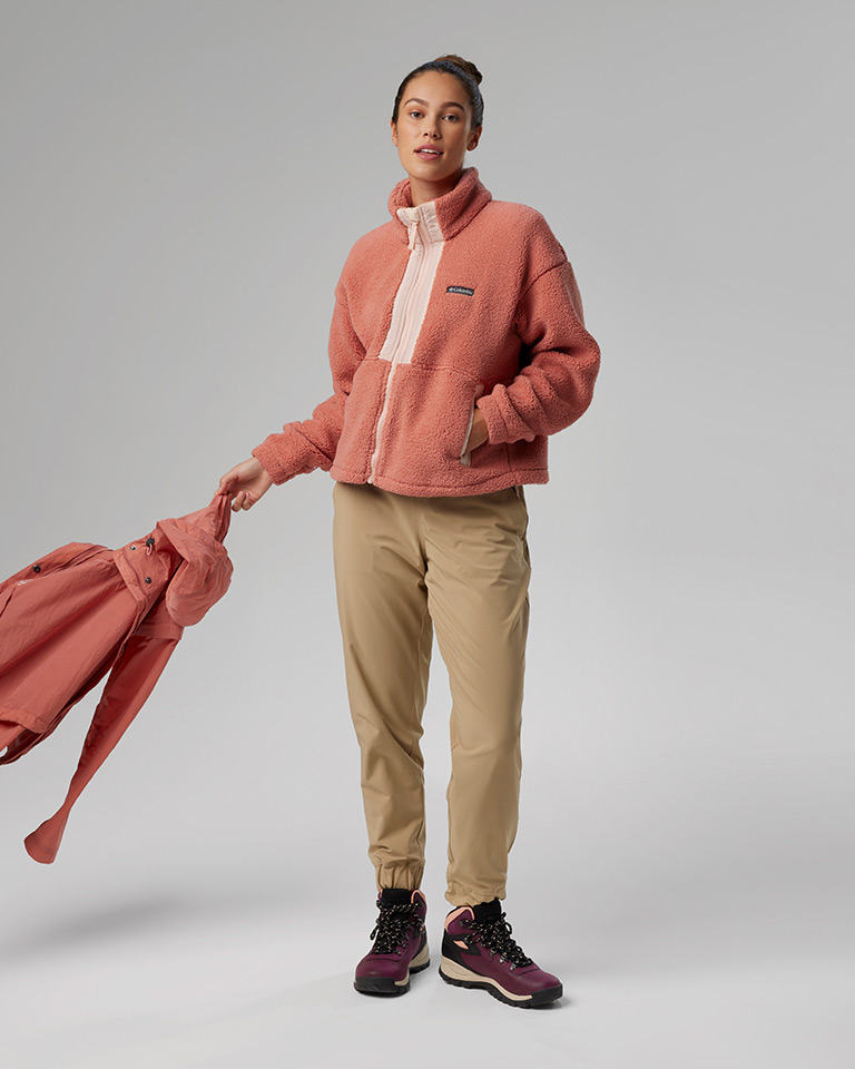 Outfit 9: coral pink Interchange jacket, khaki cargo pants, dark red hiking boots.