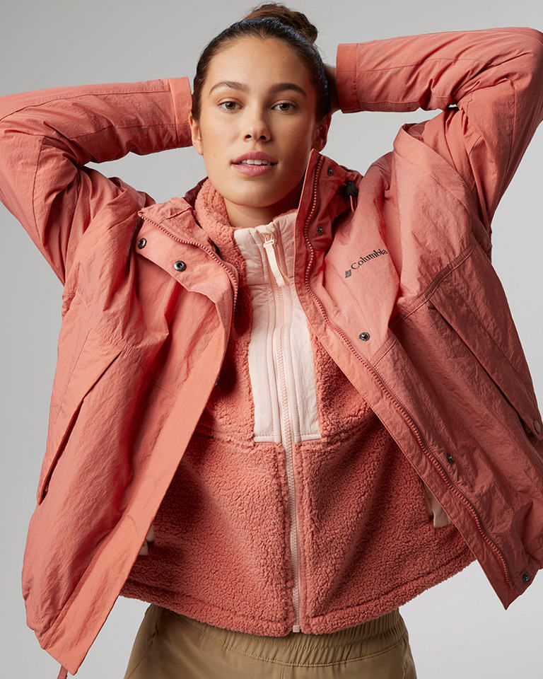 Outfit 9: coral pink Interchange jacket, khaki cargo pants.