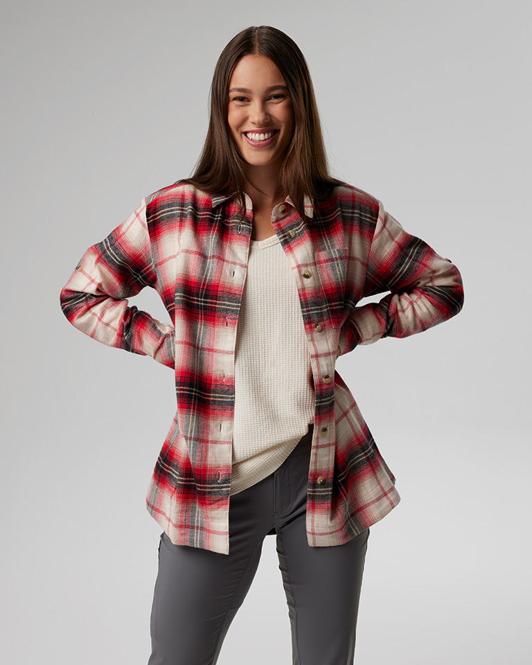 Outfit 7: red and white plaid shirt open with a waffle knit thermal top underneath, gray pants.