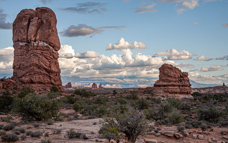 Giant rocks jut into the sky at Arches National Park in Moab, Utah. 
