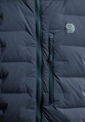 Detail shot of the Super/DS™ Stretchdown Hooded Jacket's front zip, front zip pocket and logo
