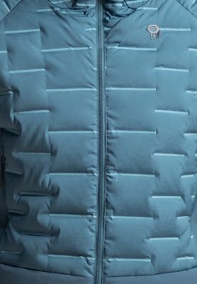 Detail shot of the Stretchdown™ Hybrid Hoody's front zip, logo and fabric details