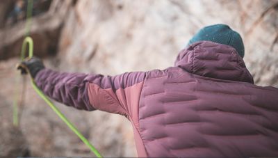 Mid belay, full stretch, not a problem while wearing the Stretchdown™ Hybrid Hoody