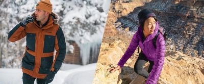 A side-by-side image showing a man on the left wearing a parka and a woman on the right in a puffer jacket. 