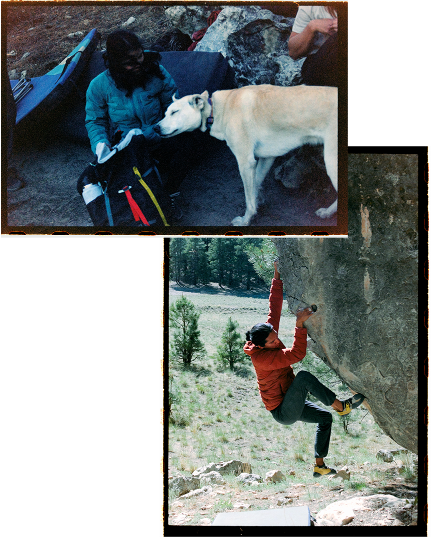 Two image collaged together--one of a climber petting a dog wearing a Stretchdown Hoody, the other a climber while on a bouldering problem, also wearing a Stretchdown Hoody.
