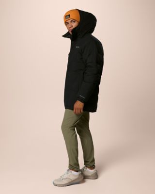 A model bundled up in a warm, insulated jacket.