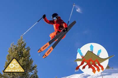 Model in a snowy scene in a jacket featuring Omni Heat Infinity and the Omni Heat Infinity tech badge in bottom left.