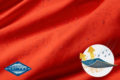 Close up of fabric with the Omni Tech logo in the bottom left and a graphic showing how moisture beads on the fabric's surface.