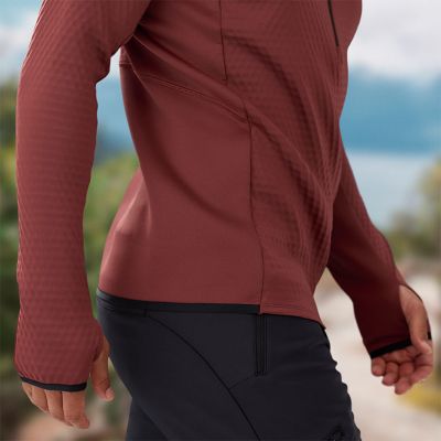 Model walking with a side shot of the binding around the hem.
