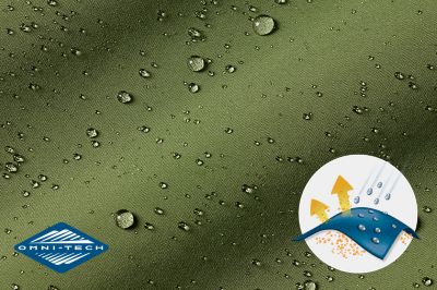 Close up of fabric with the Omni Shield logo in the bottom left and a graphic showing how moisture beads on the fabric's surface.
