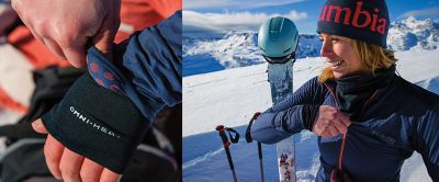On the left, close-up photo of a skier’s hand rolling up the sleeve of an Omni-Heat™ Infinity midayer. On the right, a woman zips up a blue Omni-Heat™ Infinity jacket with a beautiful mountain in the background. 
