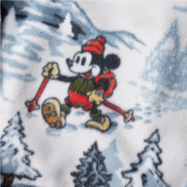Close-up of fleece print featuring Mickey Mouse. 