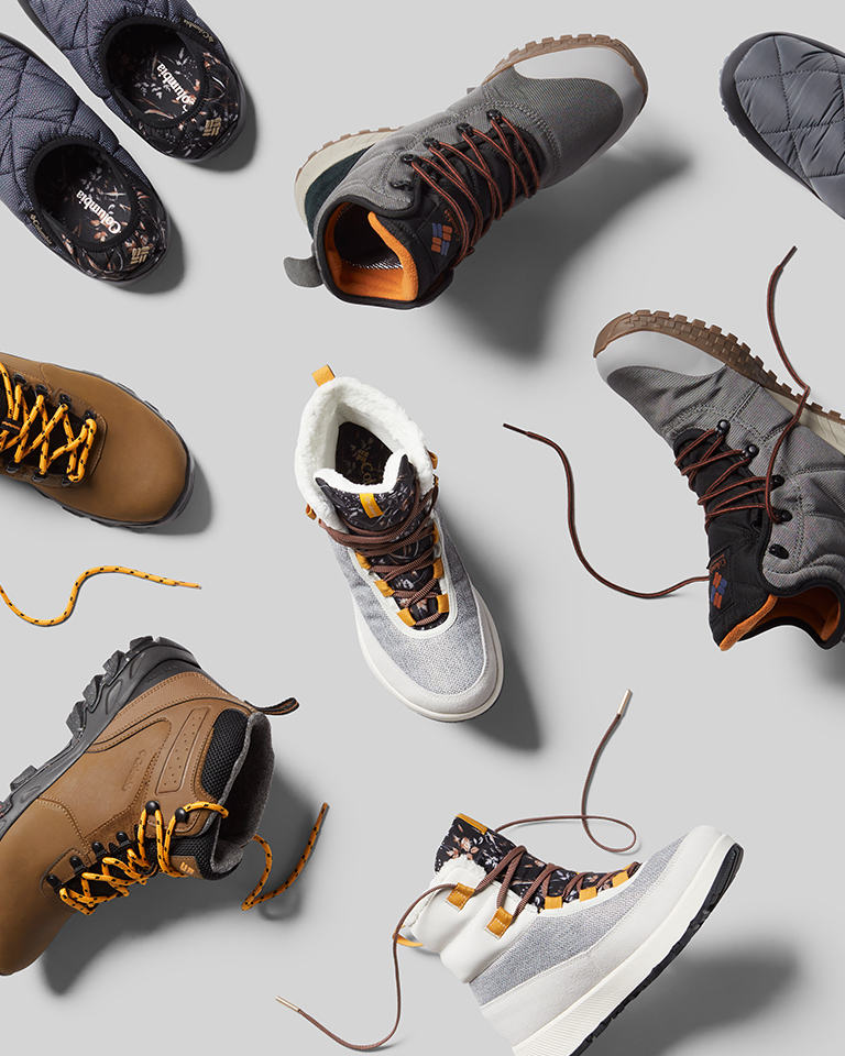 A laydown collage of winter boots.