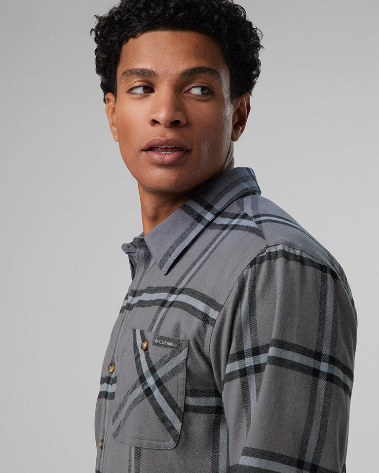 A man modeling a flannel shirt.