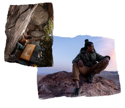 Two images collaged on top of one another, both of Caleb Robinson, one of him climbing the bouldering problem from the film and the other of him smiling while wearing a Stretchdown jacket.