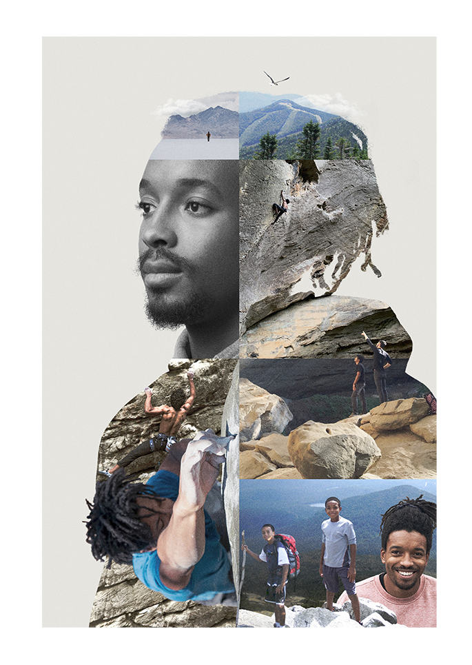 Poster portrait of Caleb Robinson with different images collaged together- him climbing in various shots.