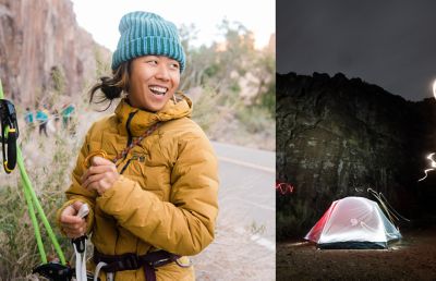 Smiling in sleeping bags in the tent.
