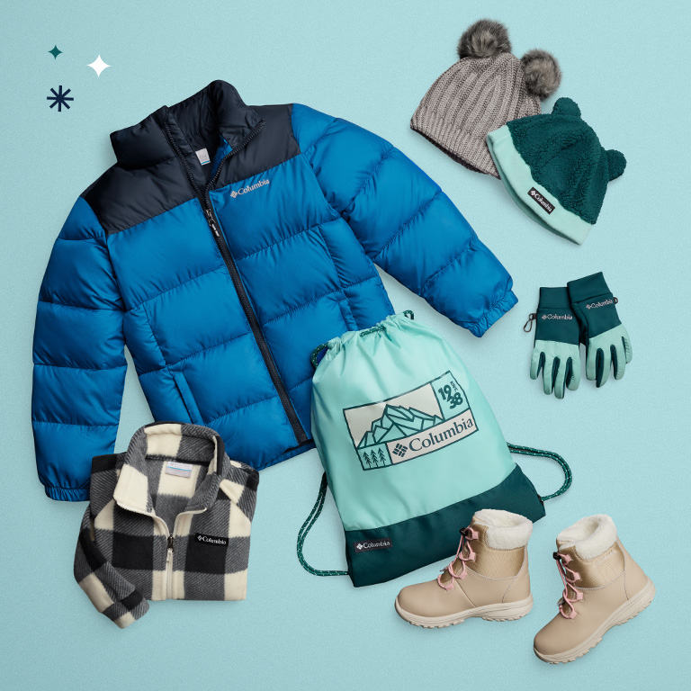 A laydown of kids winter gear.