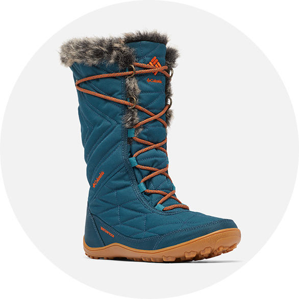 Close-up of a blue Minx winter boot. 